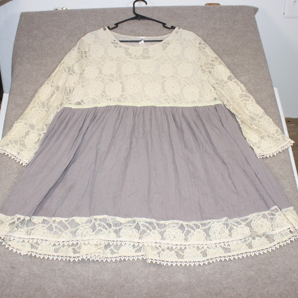 Perfectly Priscilla Lace Mauve Gray Mixed Media Dress 1XL CK055PR Boho Floral
